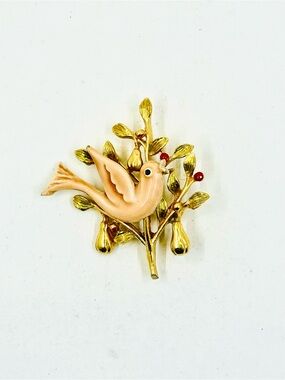 ART Arthur Pepper Vintage Partridge in a Pear Tree Gold Tone Enamel Brooch